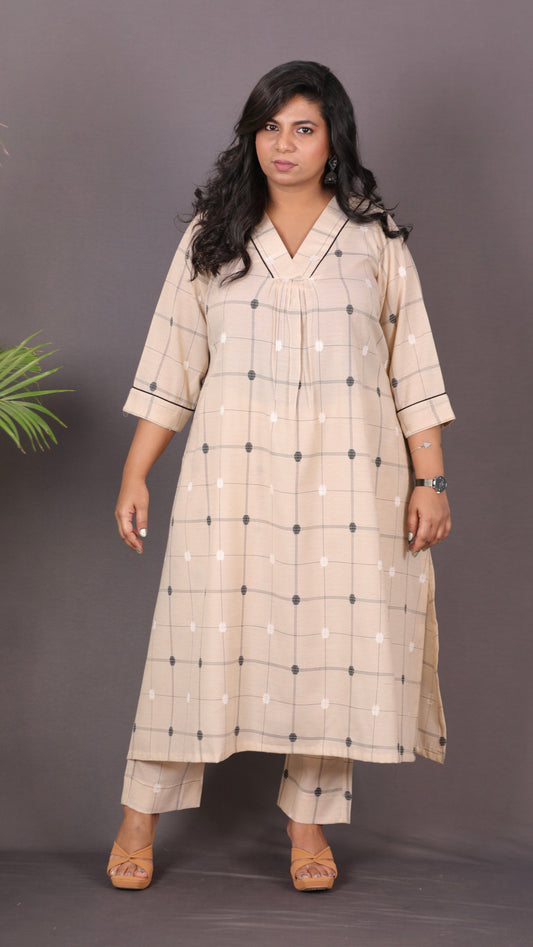 SUHANI - Premium lightweight Cotton with Buti Dobby Embroidery - BEIGE Checks