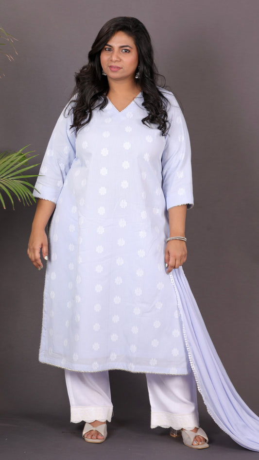 JASMINE - 3 pc set - Cotton Jari booti with thread work - Blue
