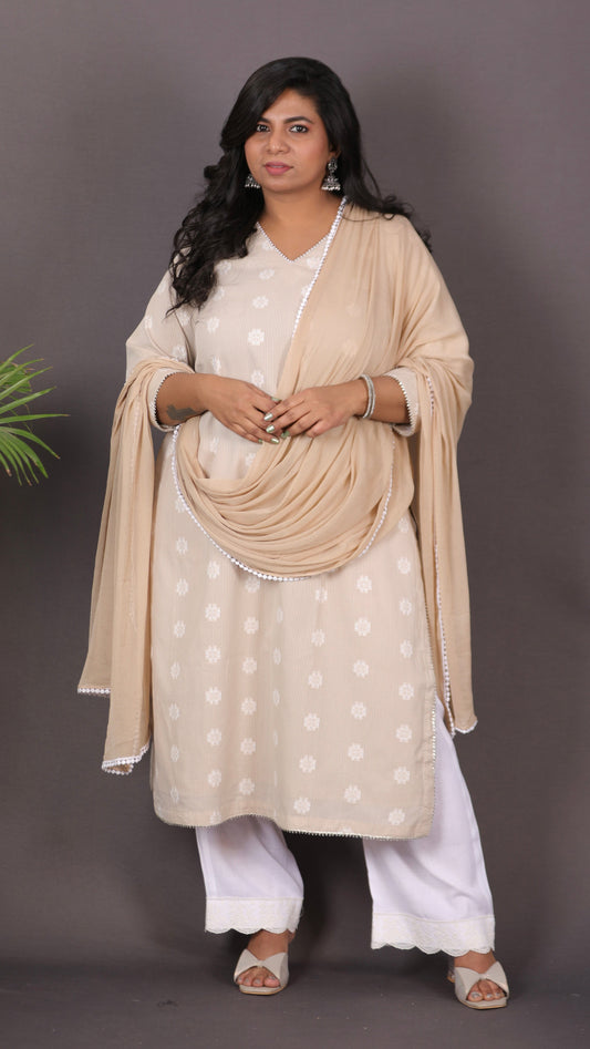 JASMINE - 3 pc set - Cotton Jari booti with thread work - CREAM