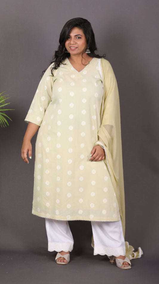JASMINE - 3 pc set - Cotton Jari booti with thread work - GREEN