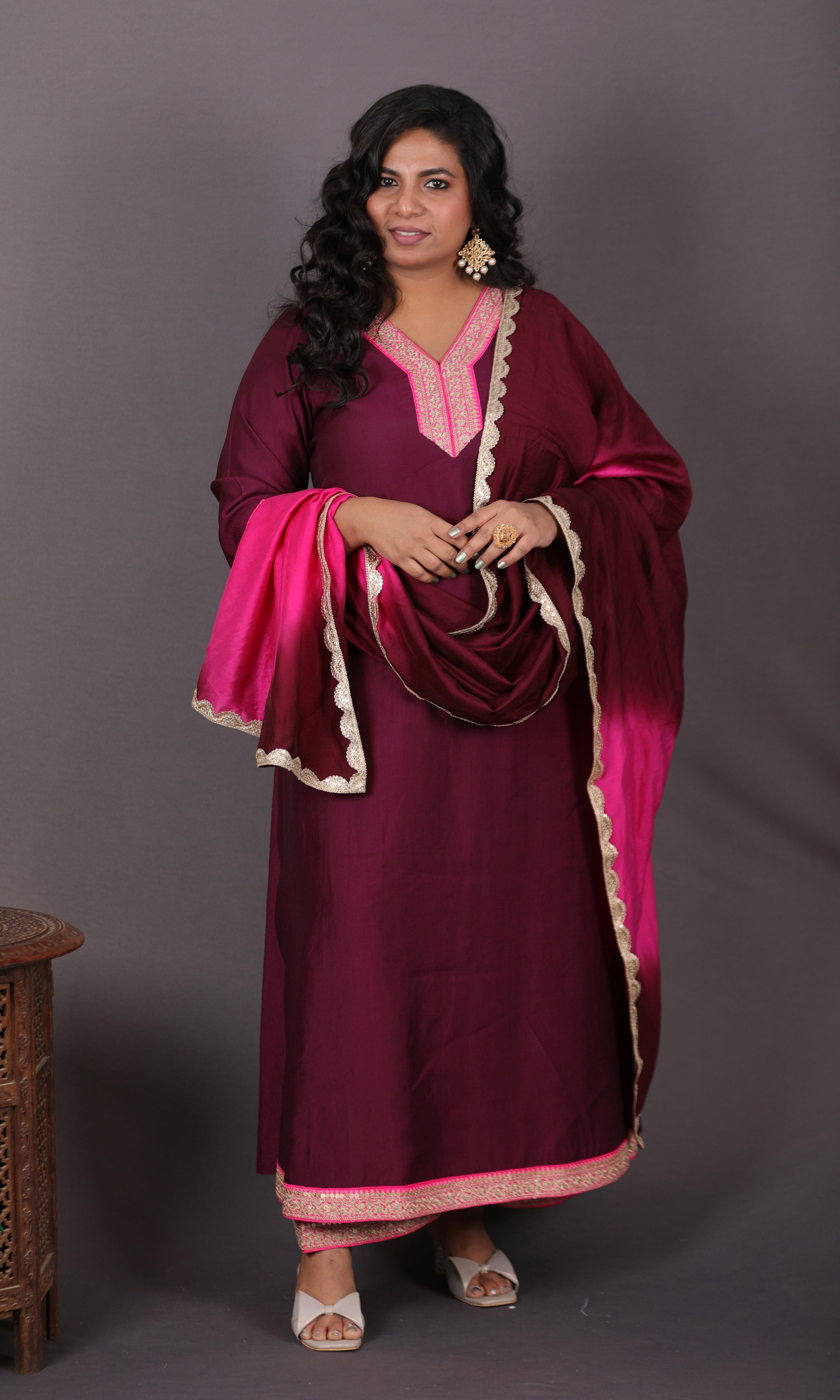 Aayat - 3pc set - Crepe Silk with soft silk tie-dye dupatta - Majenta