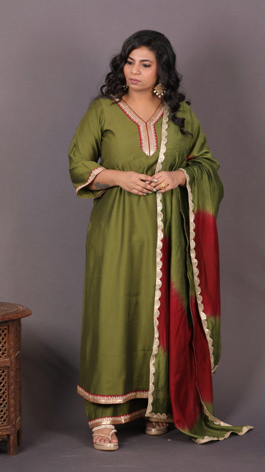 Aayat - MEHENDI - Crape Silk with soft silk tie-dye dupatta optional