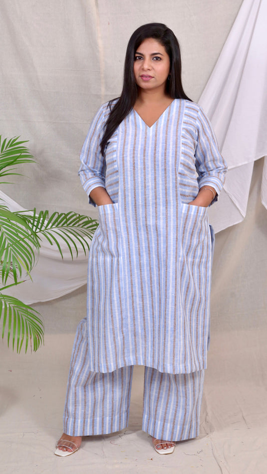 ALIA co-ords - Cotton Linen Stripes - BLUE