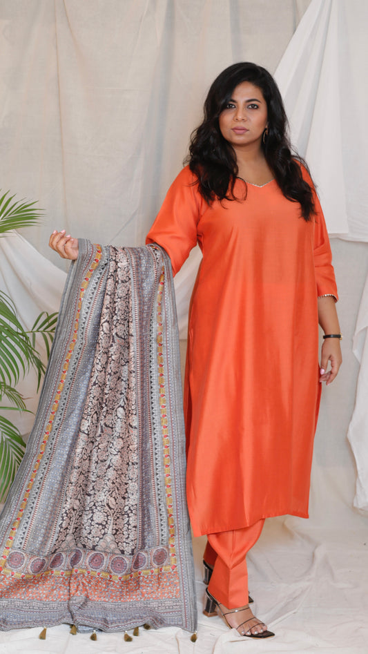 RANI - 3pc Crape Silk Kurta with Pajama Pant and Dupion silk dupatta- CORAL ORANGE