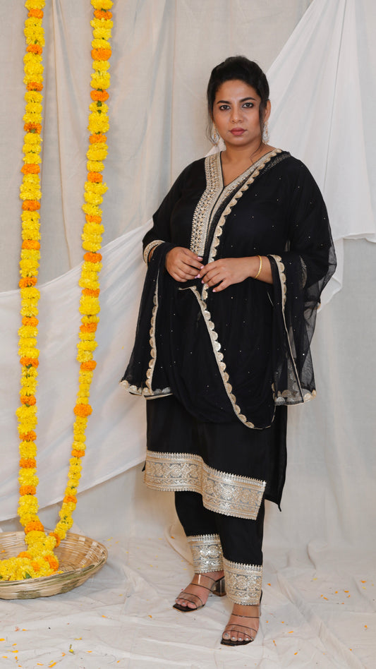 SONA - 3 PC SET -Art Silk  with NET DUPATTA - BLACK