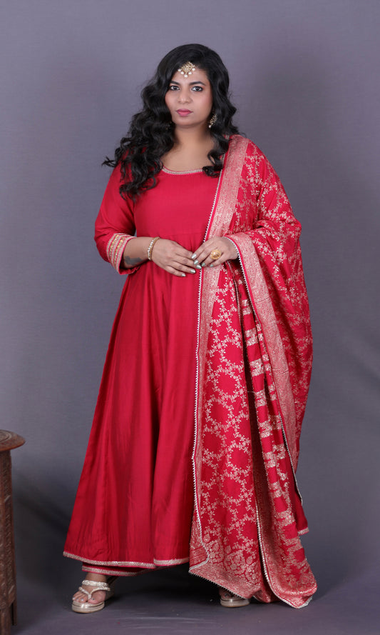 NOOR - Anarkali set + Zari Dupatta - Cherry Red