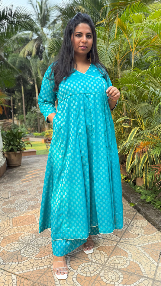 Muskaan - Anarkali Kurta - BLUE - Cotton Boota + Pant + Chiffon dupatta optional
