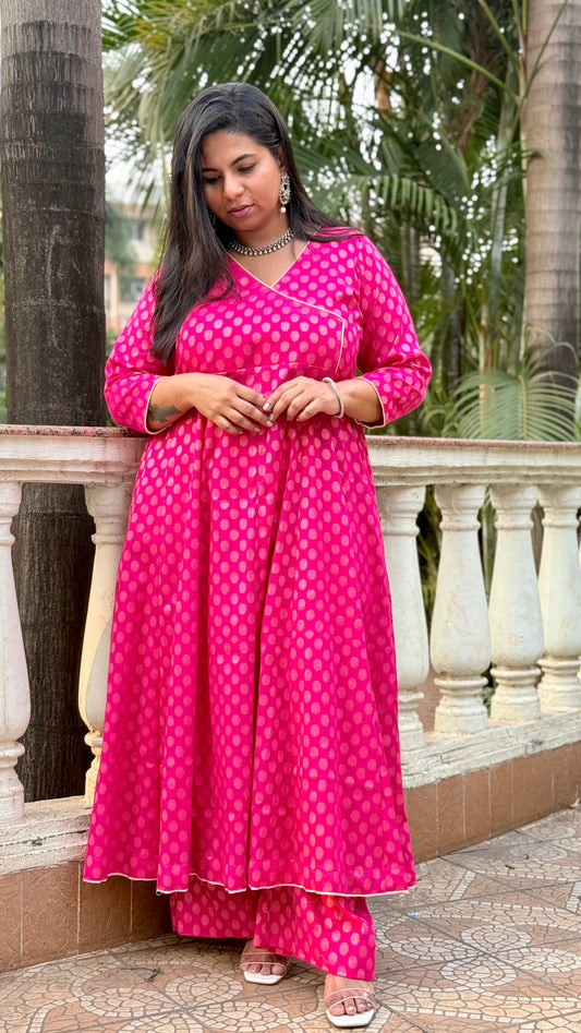 Muskaan - Anarkali Kurta - Pink - Cotton Boota + Pant  + Chiffon dupatta optional