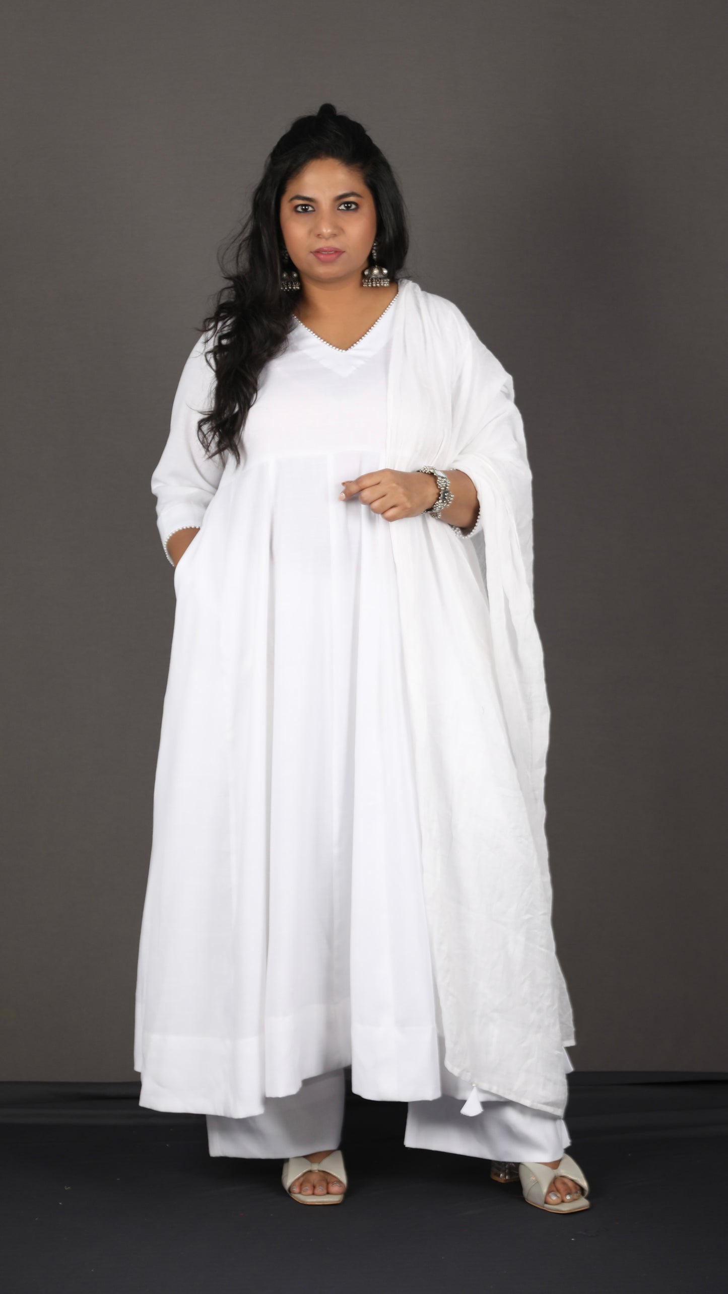 Meher - Pure white cotton Anarkali set + mul dupatta