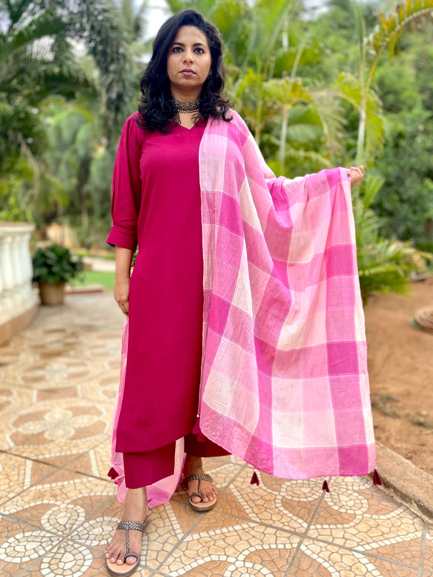 ADYA - CO ORD SET - MEJENTA SOFT COTTON  ( WITH MUL MUL DUPATTA )