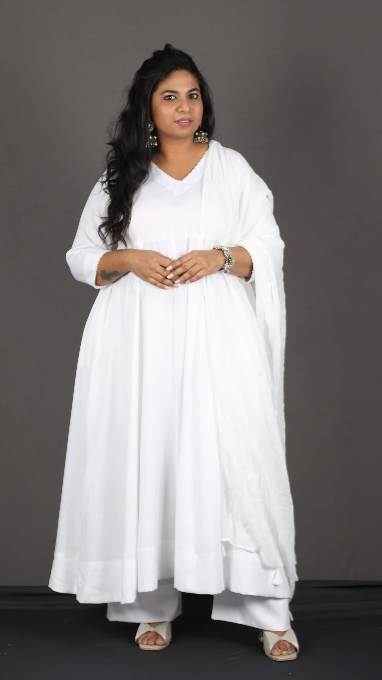Meher - Pure white cotton Anarkali set + mul dupatta