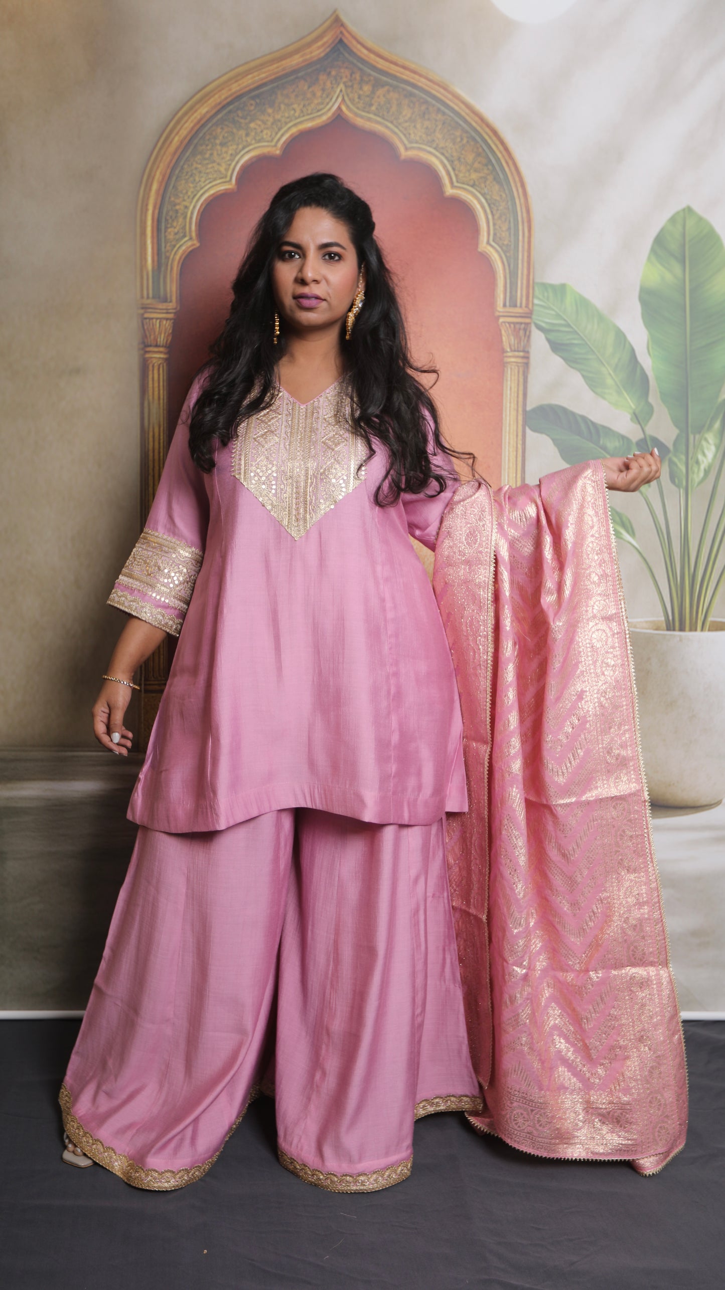 Shanaya - 3 pc set - PINK - Crape silk + Zari Dupatta