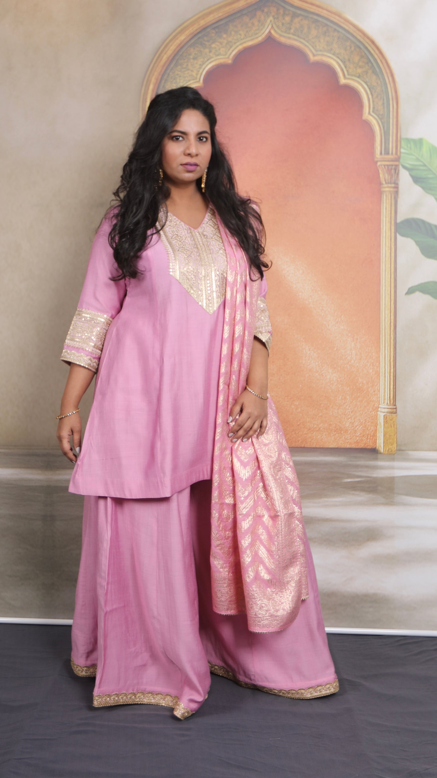 Shanaya - 3 pc set - PINK - Crape silk + Zari Dupatta