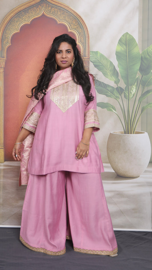 Shanaya - 3 pc set - PINK - Crape silk + Zari Dupatta