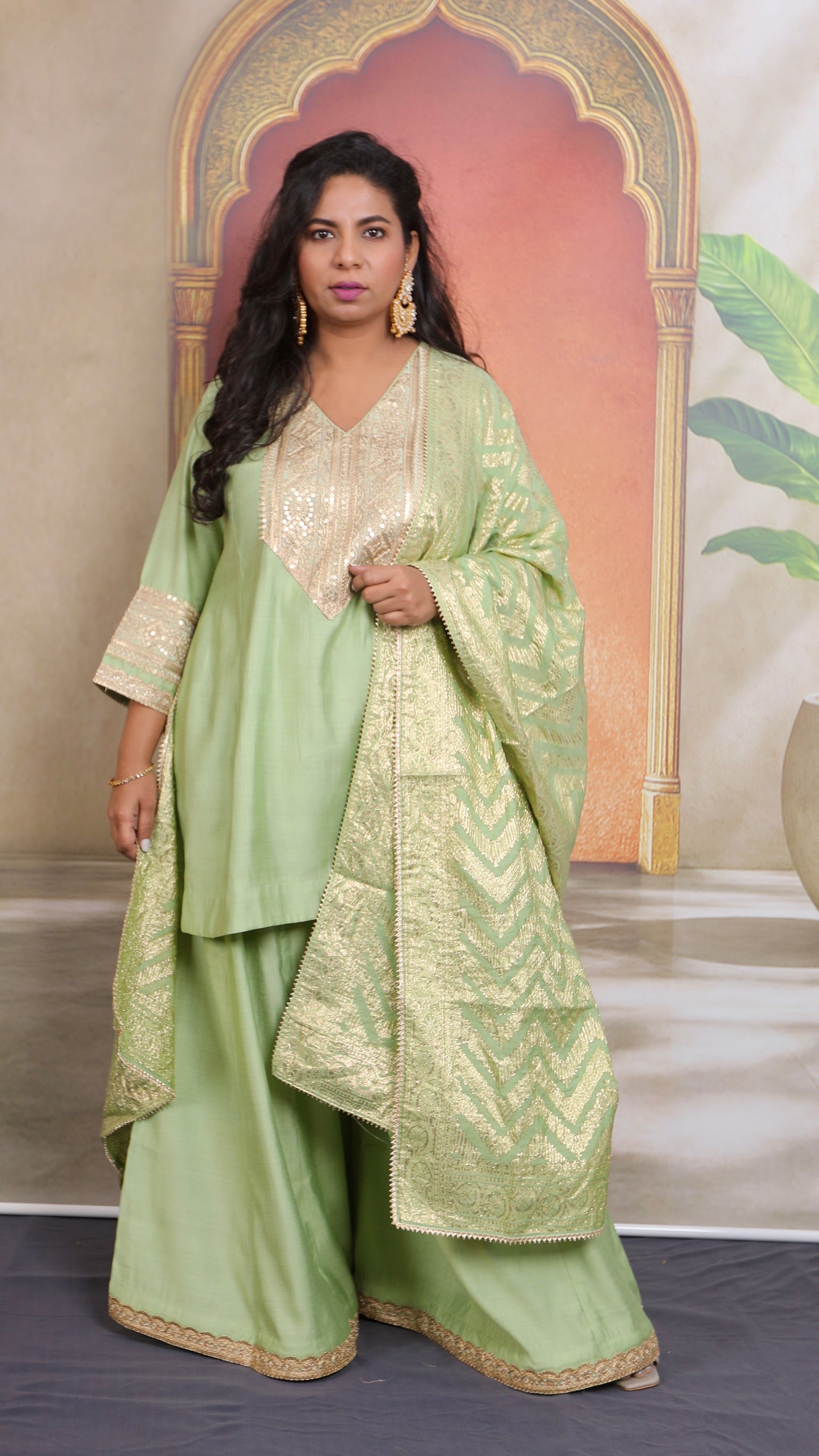 Shanaya - 3 pc set - PISTA GREEN - Crape silk + Zari Dupatta