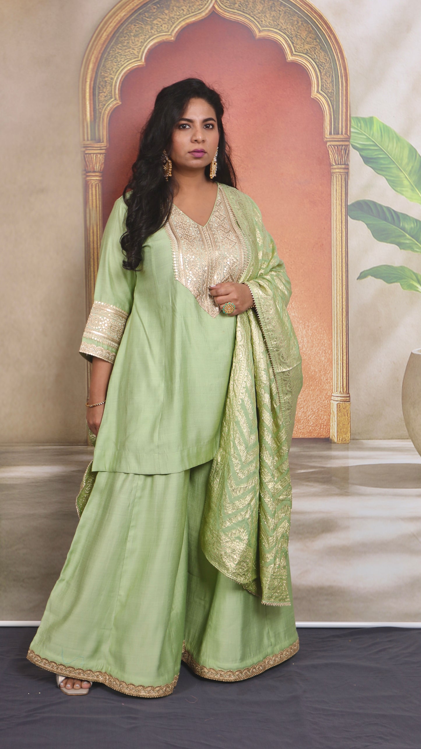 Shanaya - 3 pc set - PISTA GREEN - Crape silk + Zari Dupatta