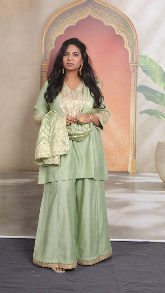 Shanaya - 3 pc set - PISTA GREEN - Crape silk + Zari Dupatta