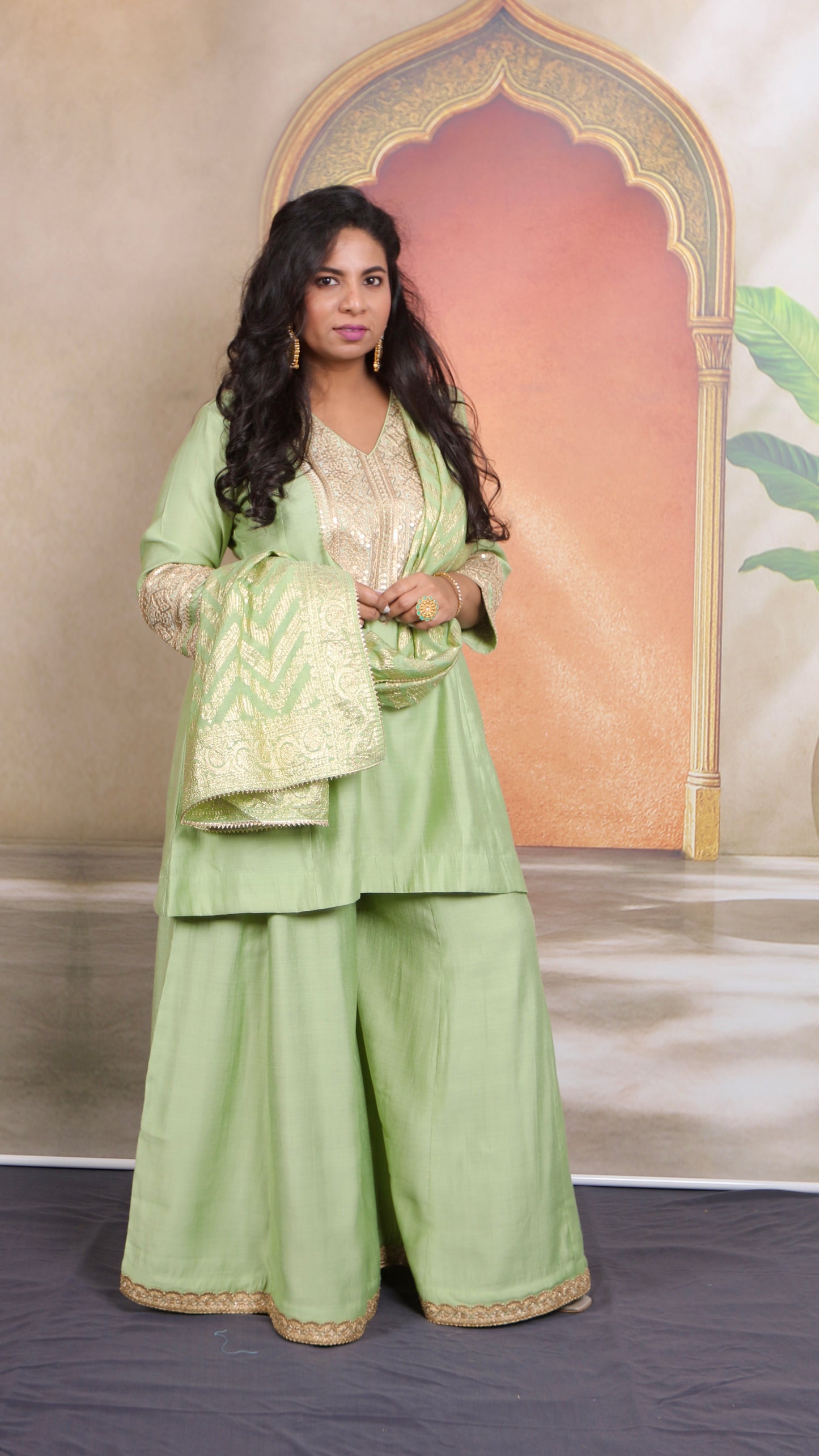 Shanaya - 3 pc set - PISTA GREEN - Crape silk + Zari Dupatta