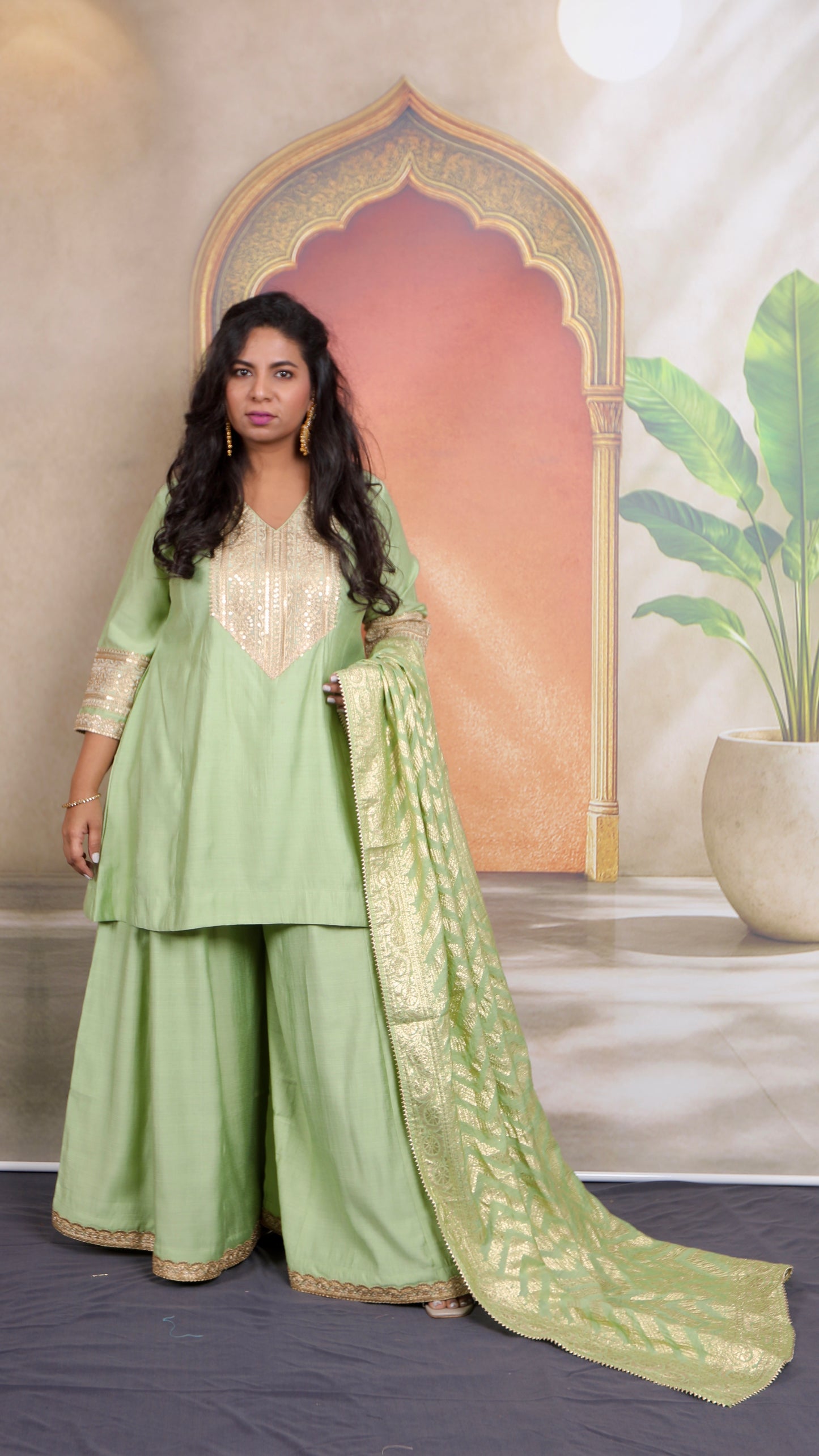 Shanaya - 3 pc set - PISTA GREEN - Crape silk + Zari Dupatta