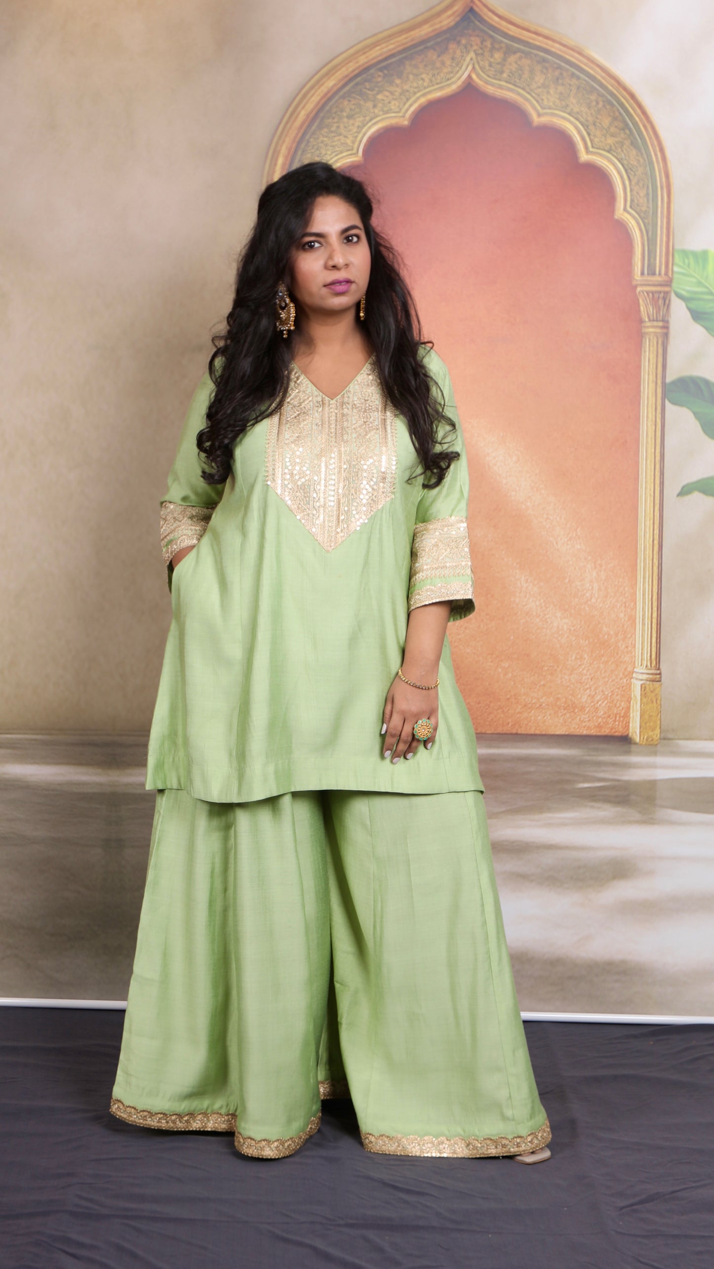 Shanaya - 3 pc set - PISTA GREEN - Crape silk + Zari Dupatta