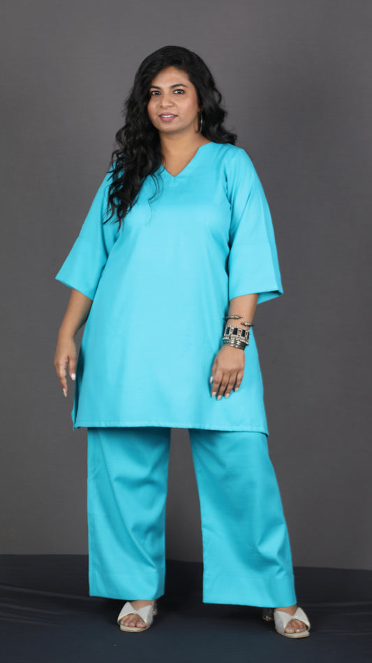 Falak - Short kurta pant set - Soft cotton - FIROZI BLUE