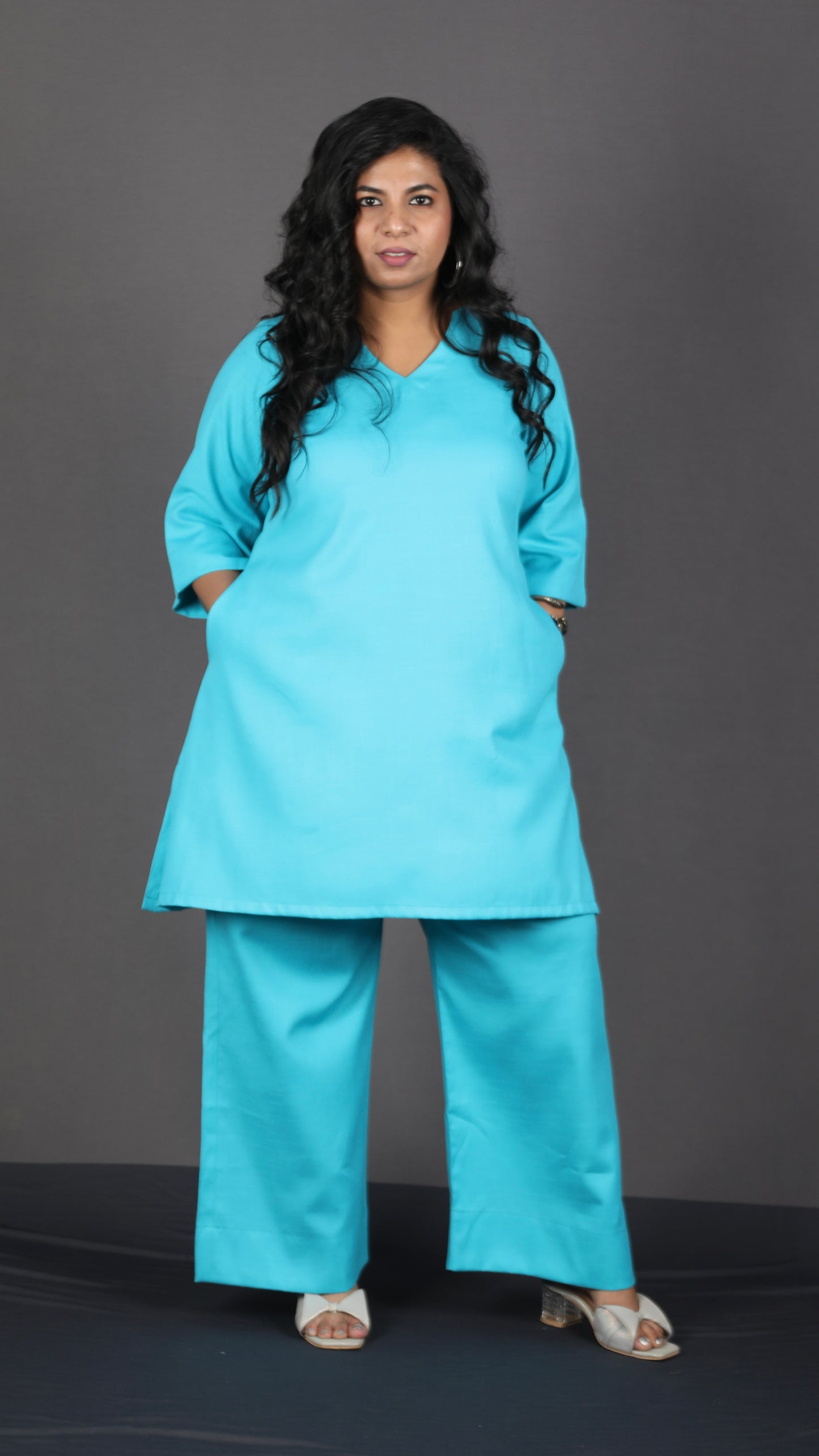 Falak - Short kurta pant set - Soft cotton - FIROZI BLUE