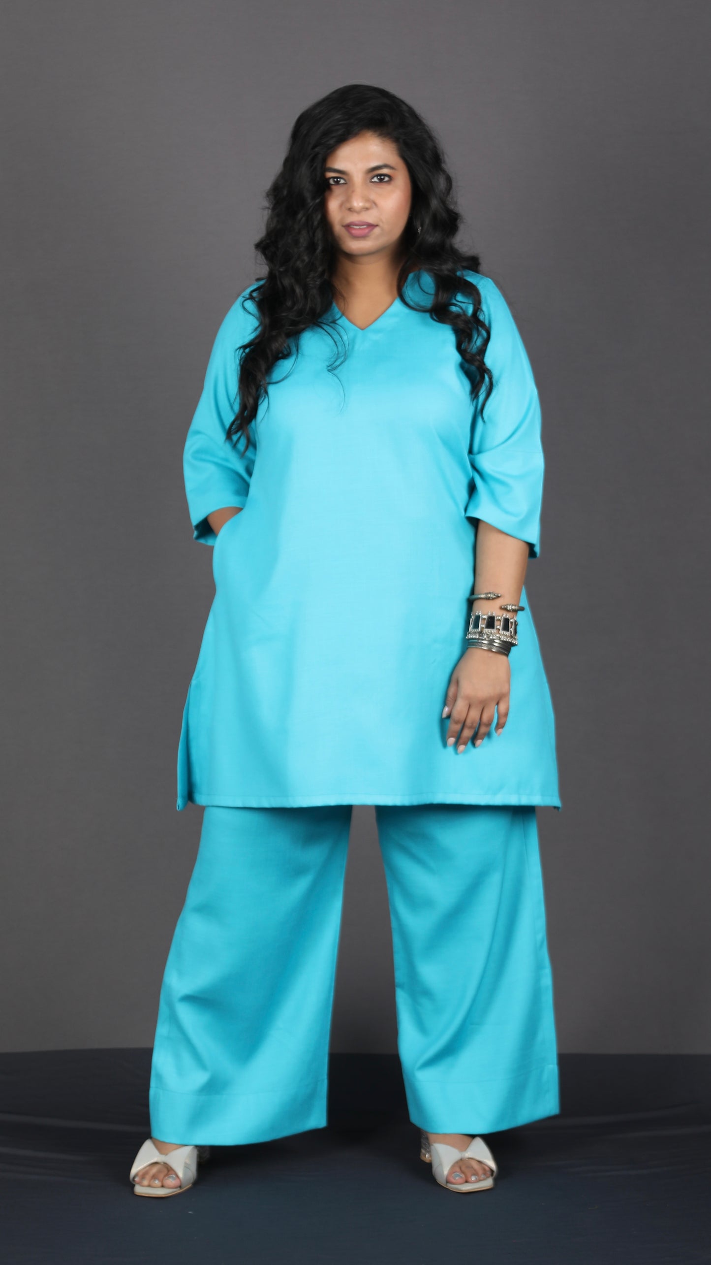 Falak - Short kurta pant set - Soft cotton - FIROZI BLUE