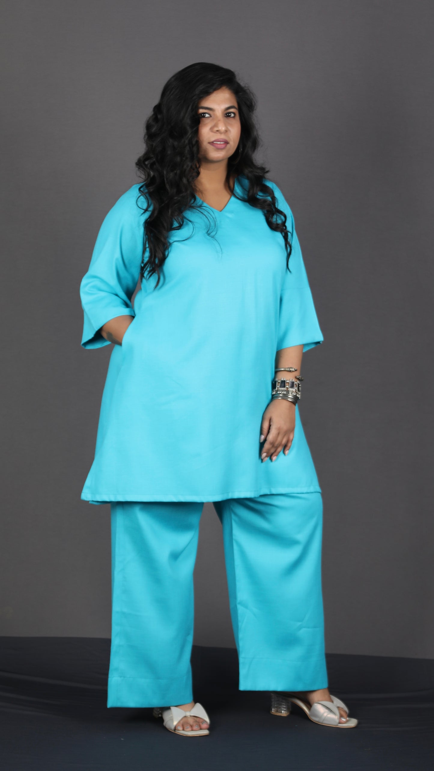 Falak - Short kurta pant set - Soft cotton - FIROZI BLUE