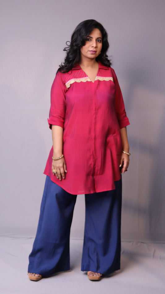 Rida - 2pc co ords - Mul silk - Pink and Navy