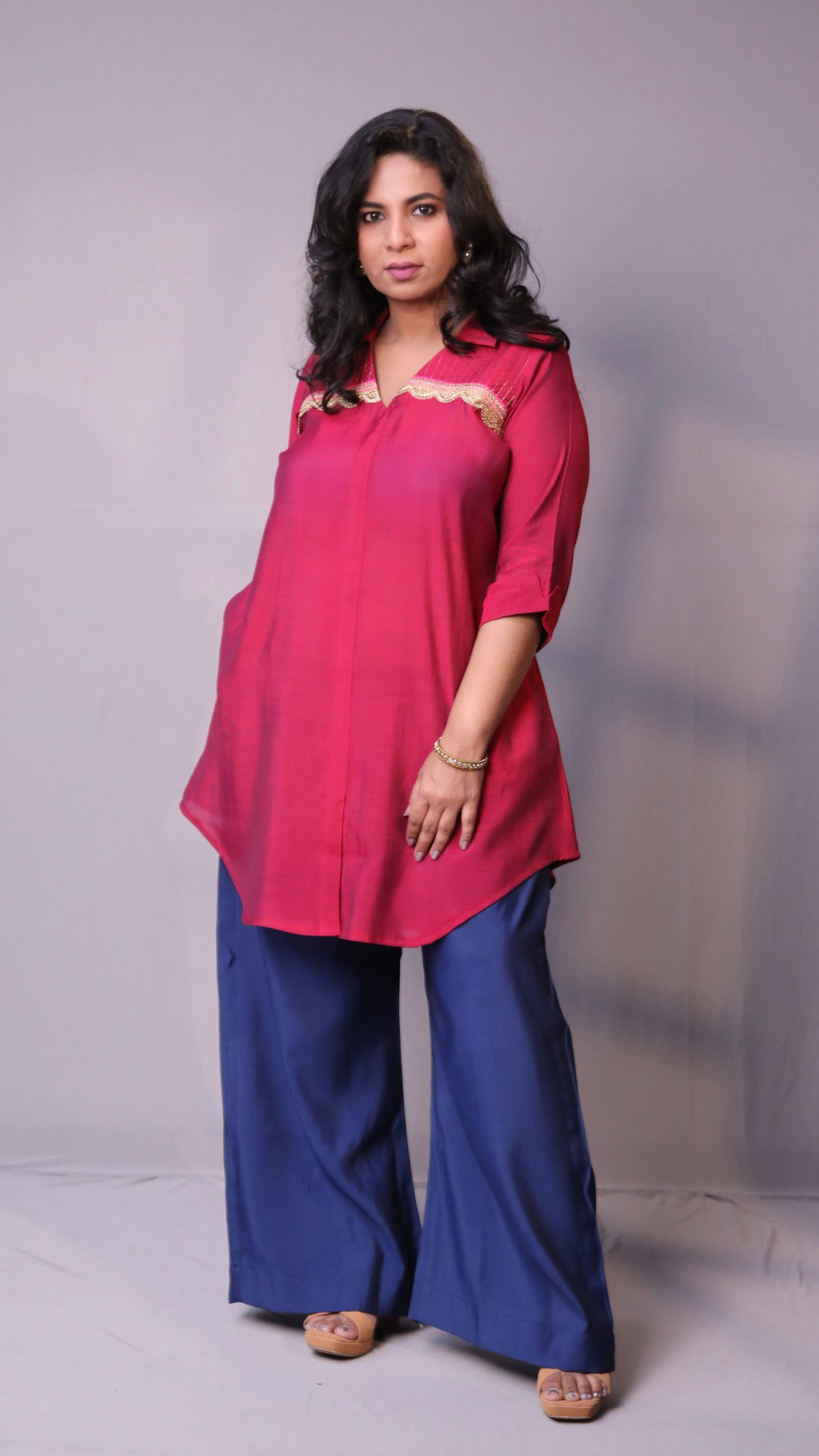 Rida - 2pc co ords - Mul silk - Pink and Navy