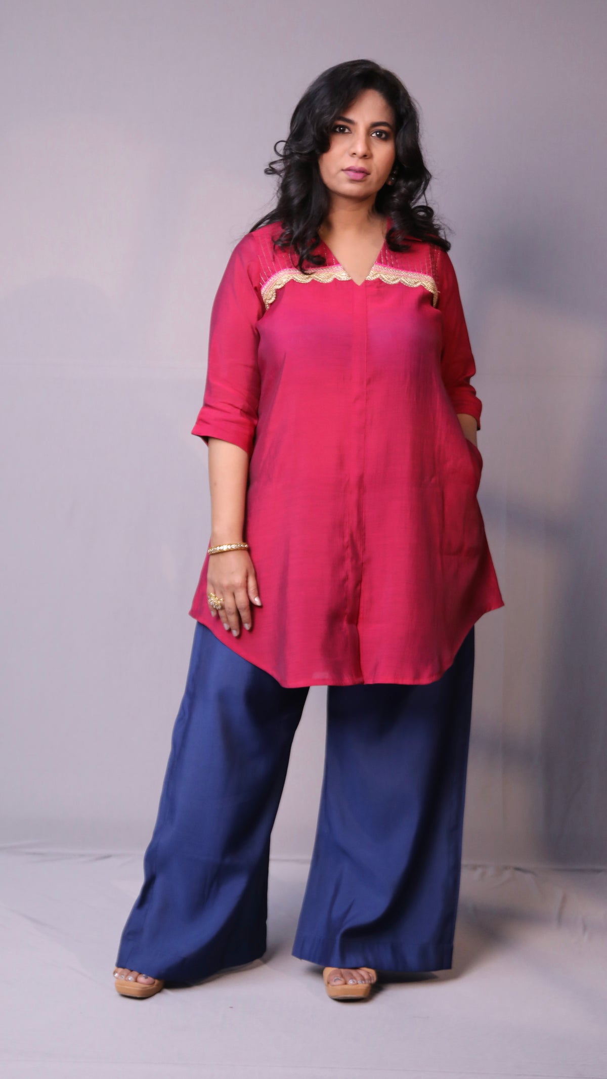 Rida - 2pc co ords - Mul silk - Pink and Navy