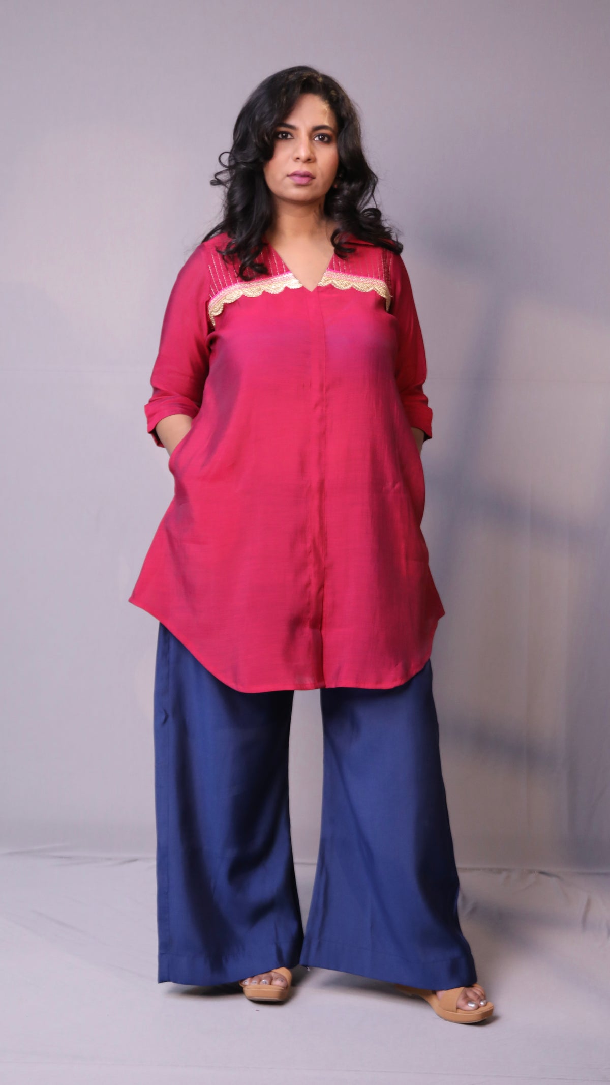 Rida - 2pc co ords - Mul silk - Pink and Navy