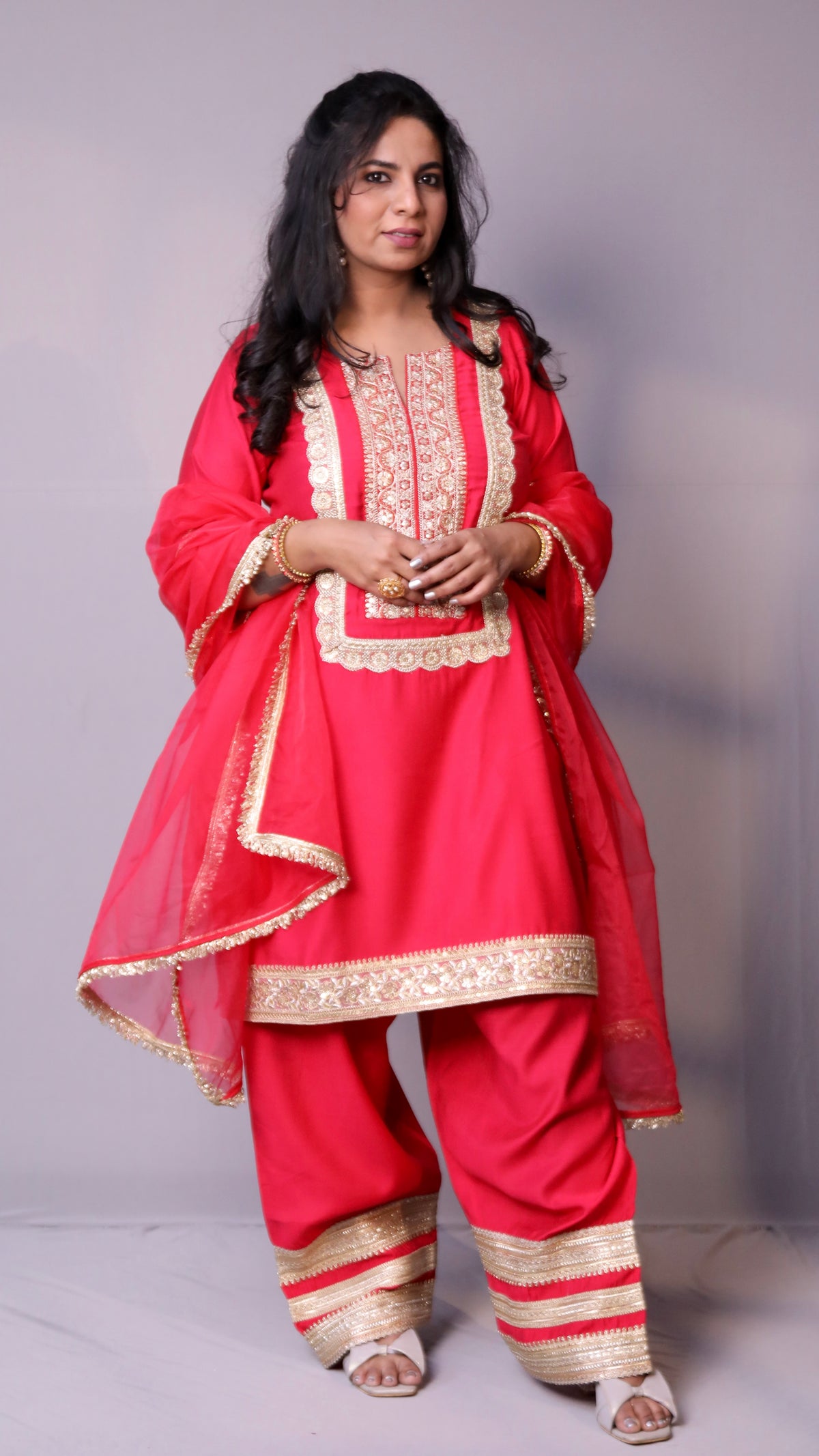 Arzoo - 3pc shalwar set - crape silk - Pinkish Red