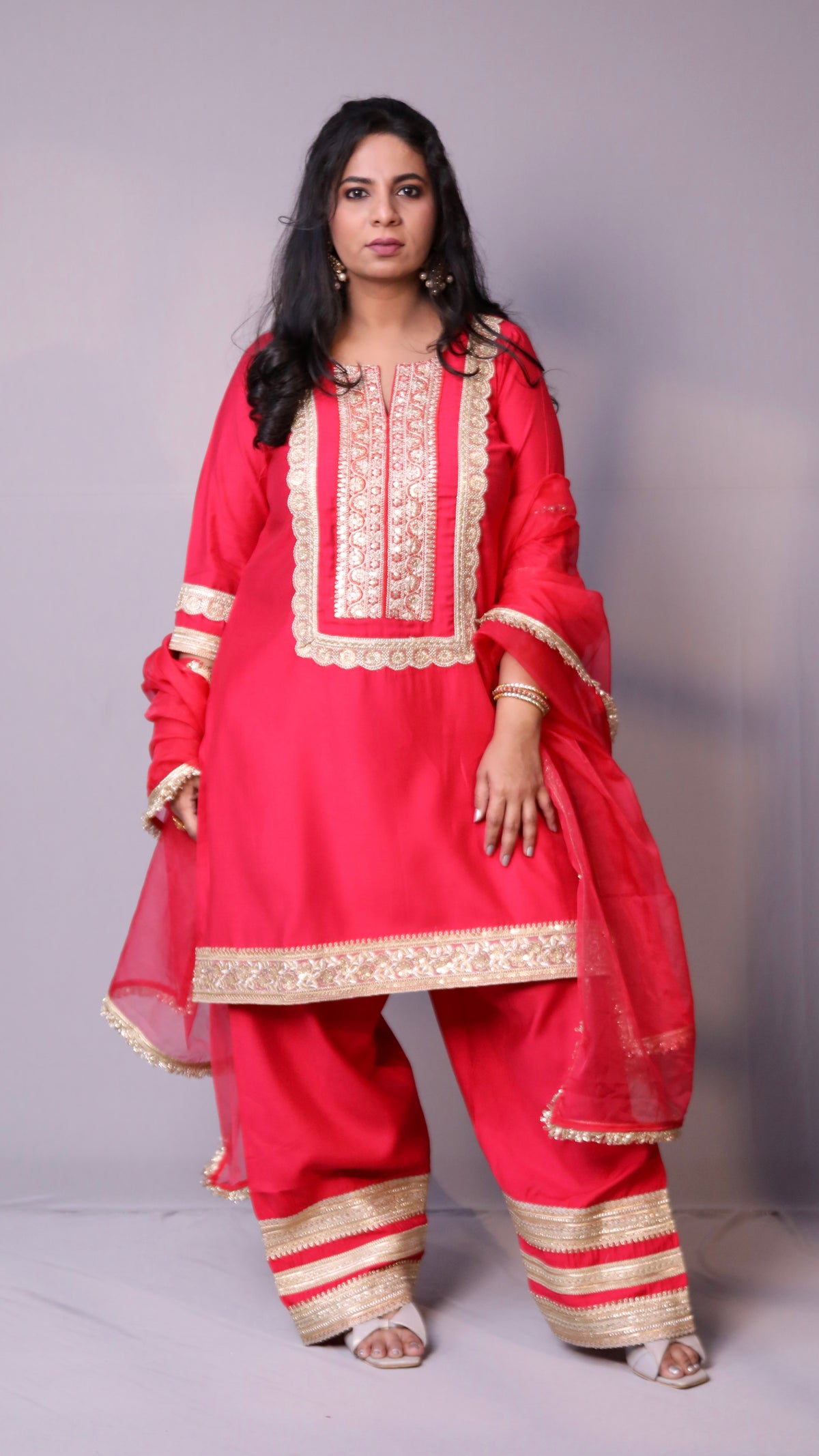 Arzoo - 3pc shalwar set - crape silk - Pinkish Red
