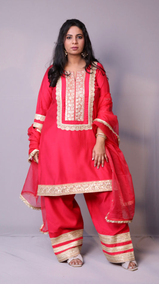 Arzoo - 3pc shalwar set - crape silk - Pinkish Red