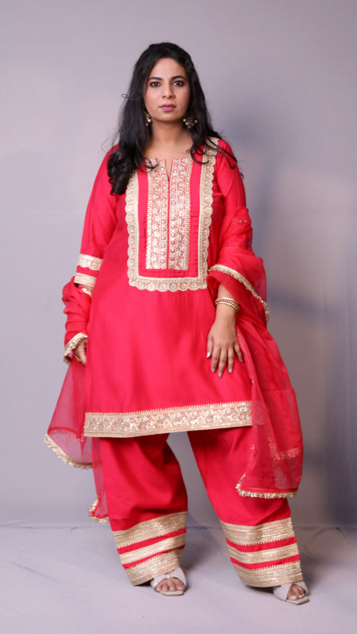 Arzoo - 3pc shalwar set - crape silk - Pinkish Red