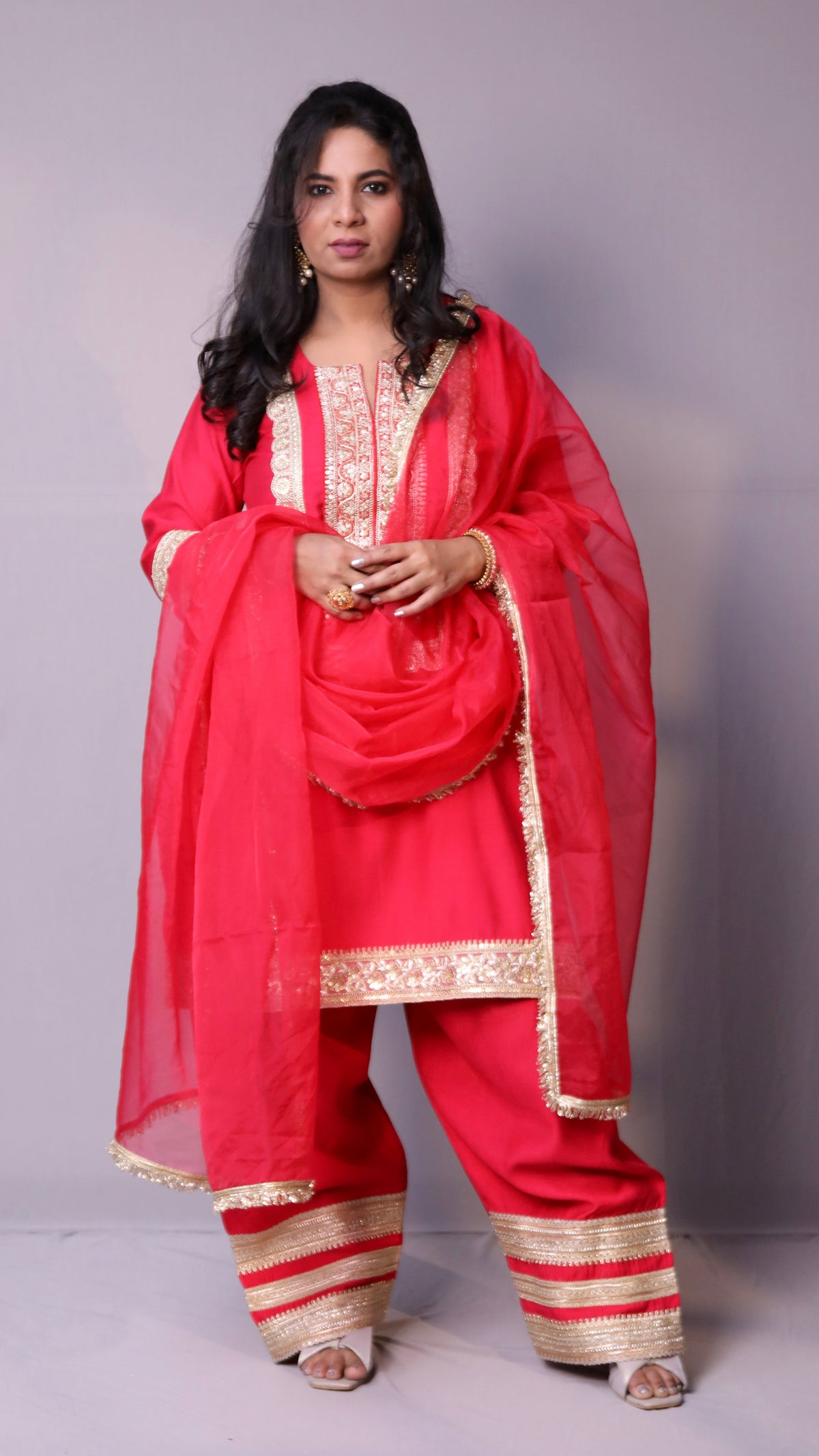 Arzoo - 3pc shalwar set - crape silk - Pinkish Red