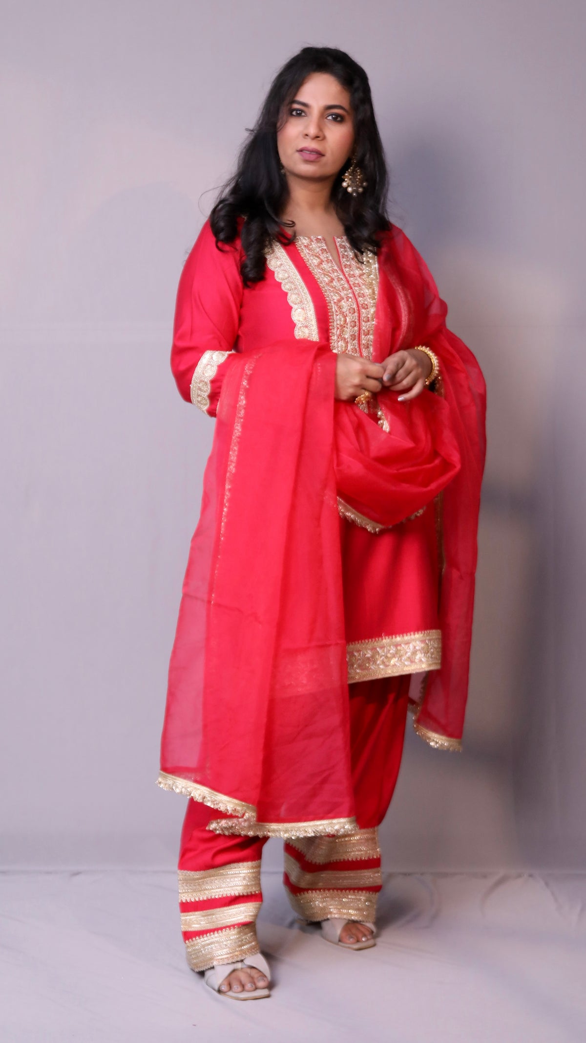 Arzoo - 3pc shalwar set - crape silk - Pinkish Red