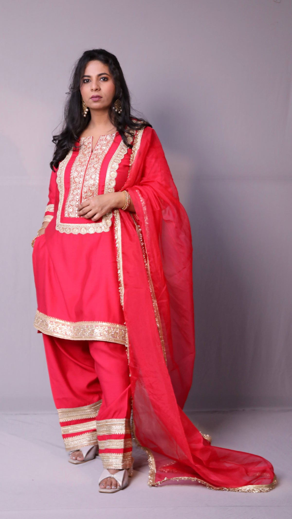 Arzoo - 3pc shalwar set - crape silk - Pinkish Red