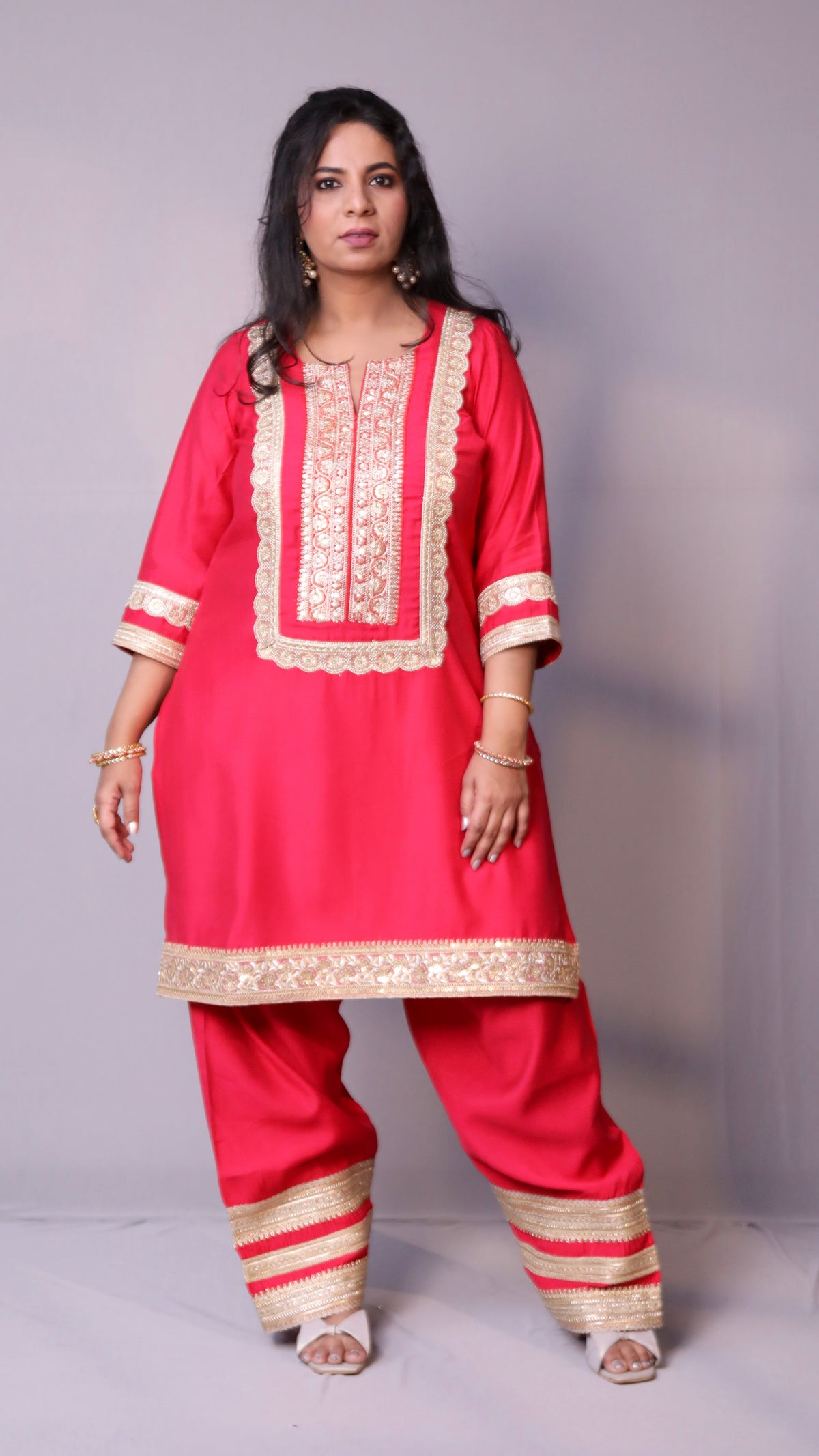 Arzoo - 3pc shalwar set - crape silk - Pinkish Red