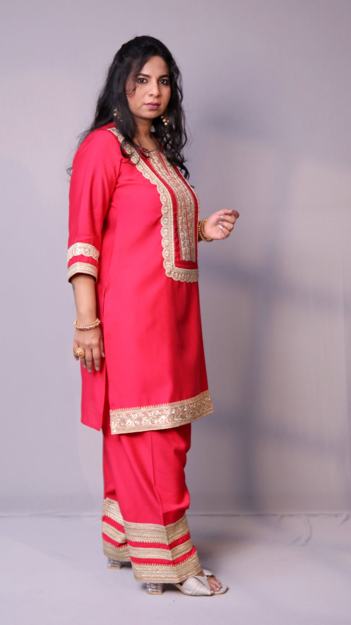Arzoo - 3pc shalwar set - crape silk - Pinkish Red