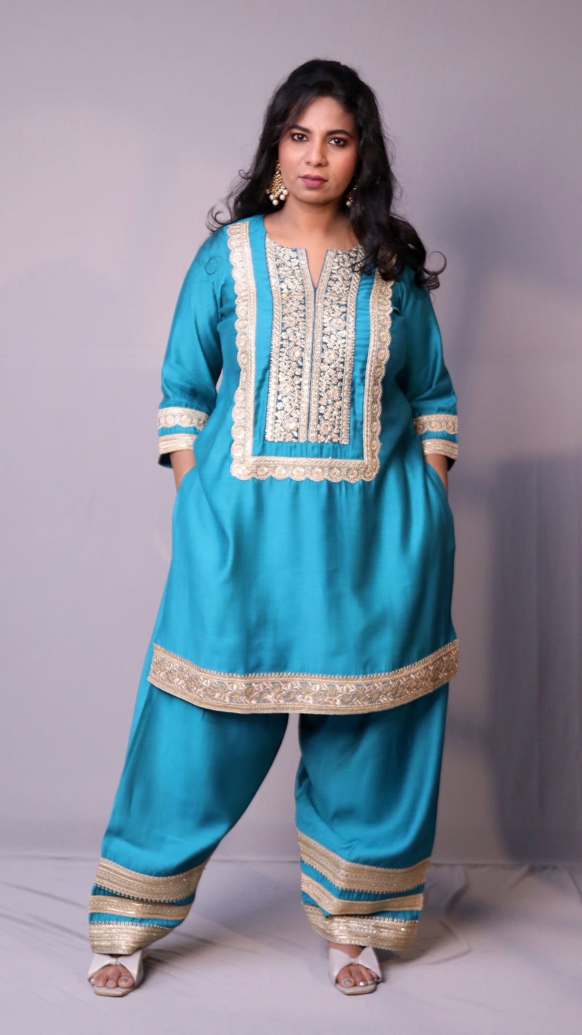 Arzoo - 3pc shalwar set - crape silk - Firozi Blue