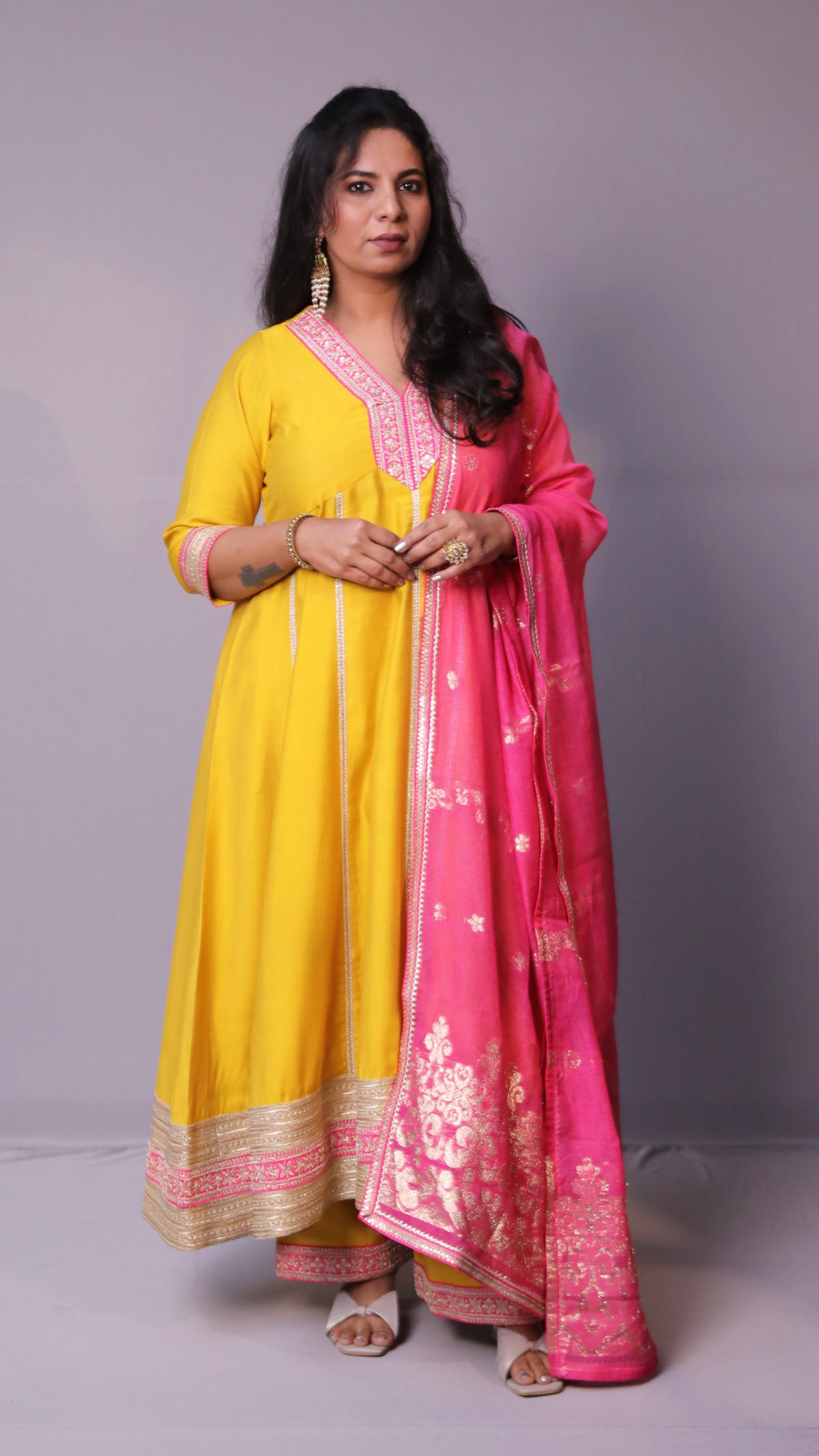 Dua - Anarkali set with zari dupatta - Yellow