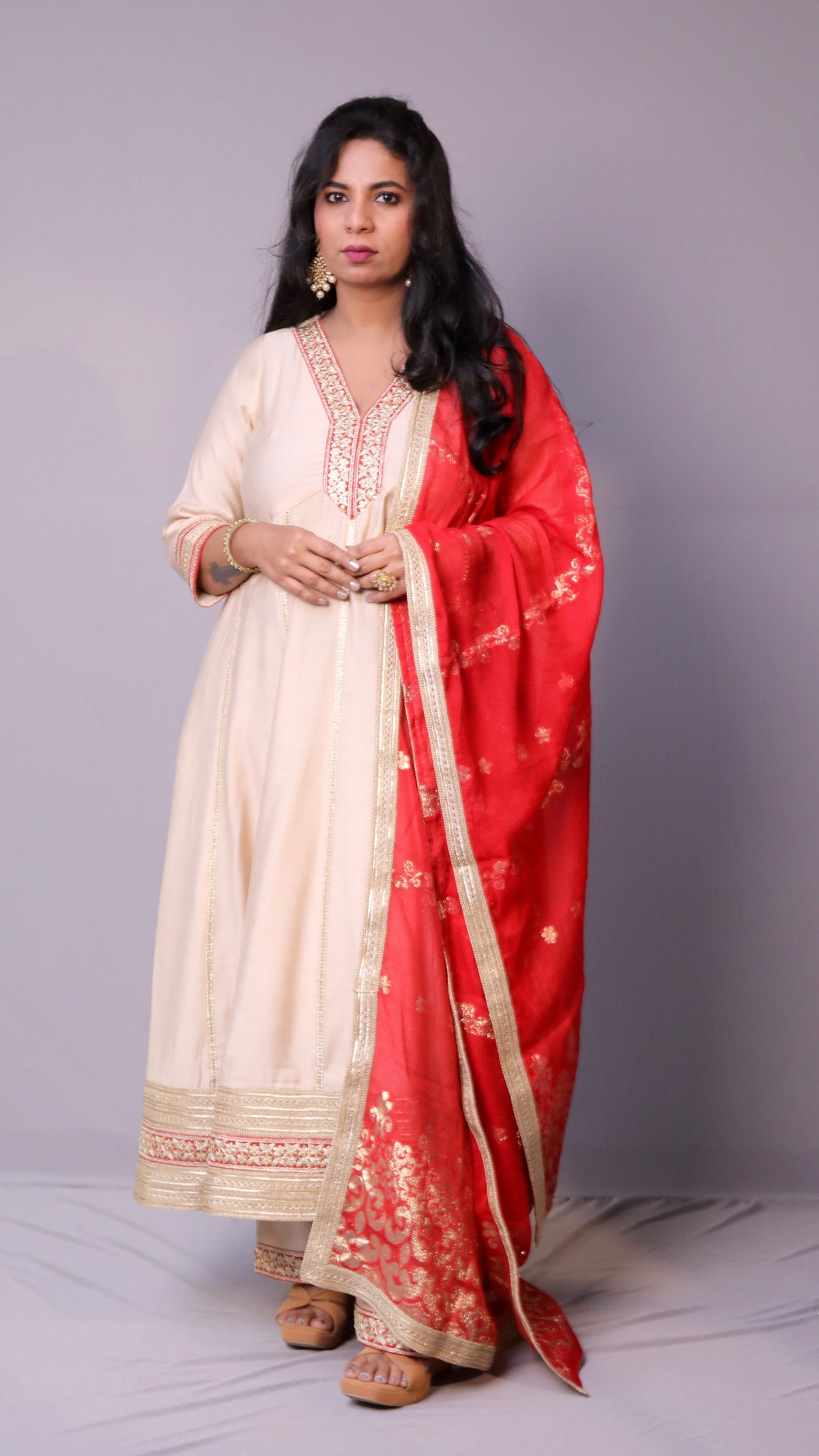 Dua - Anarkali set with zari dupatta - Cream