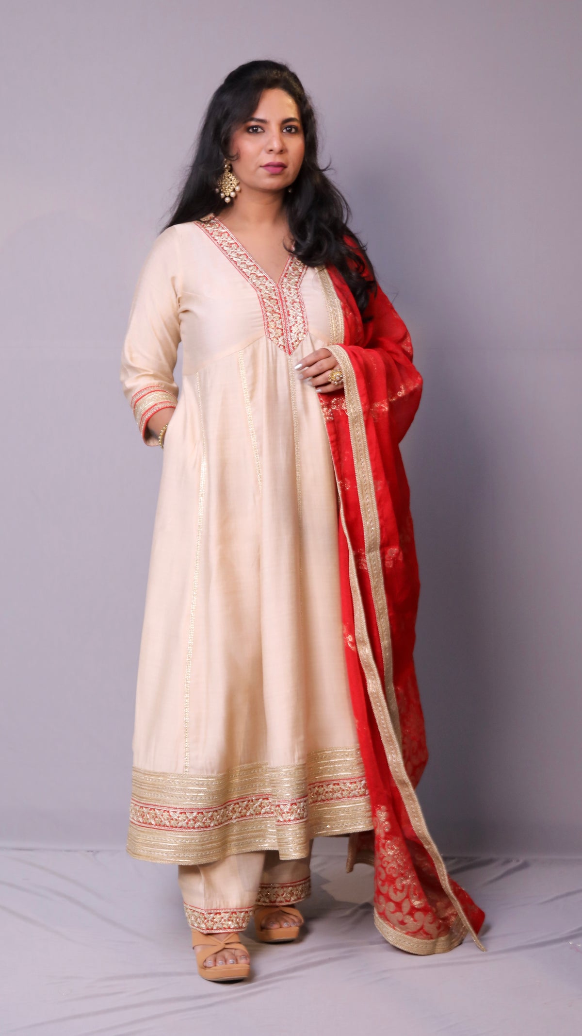 Dua - Anarkali set with zari dupatta - Cream