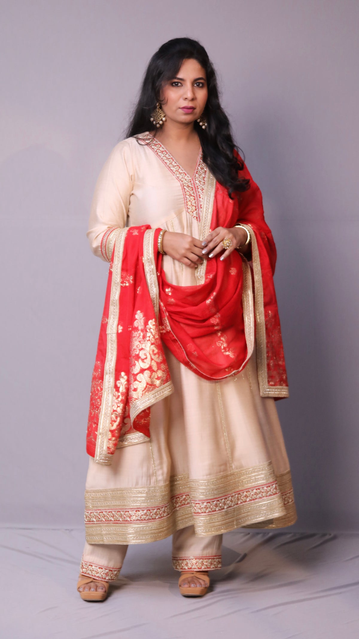 Dua - Anarkali set with zari dupatta - Cream