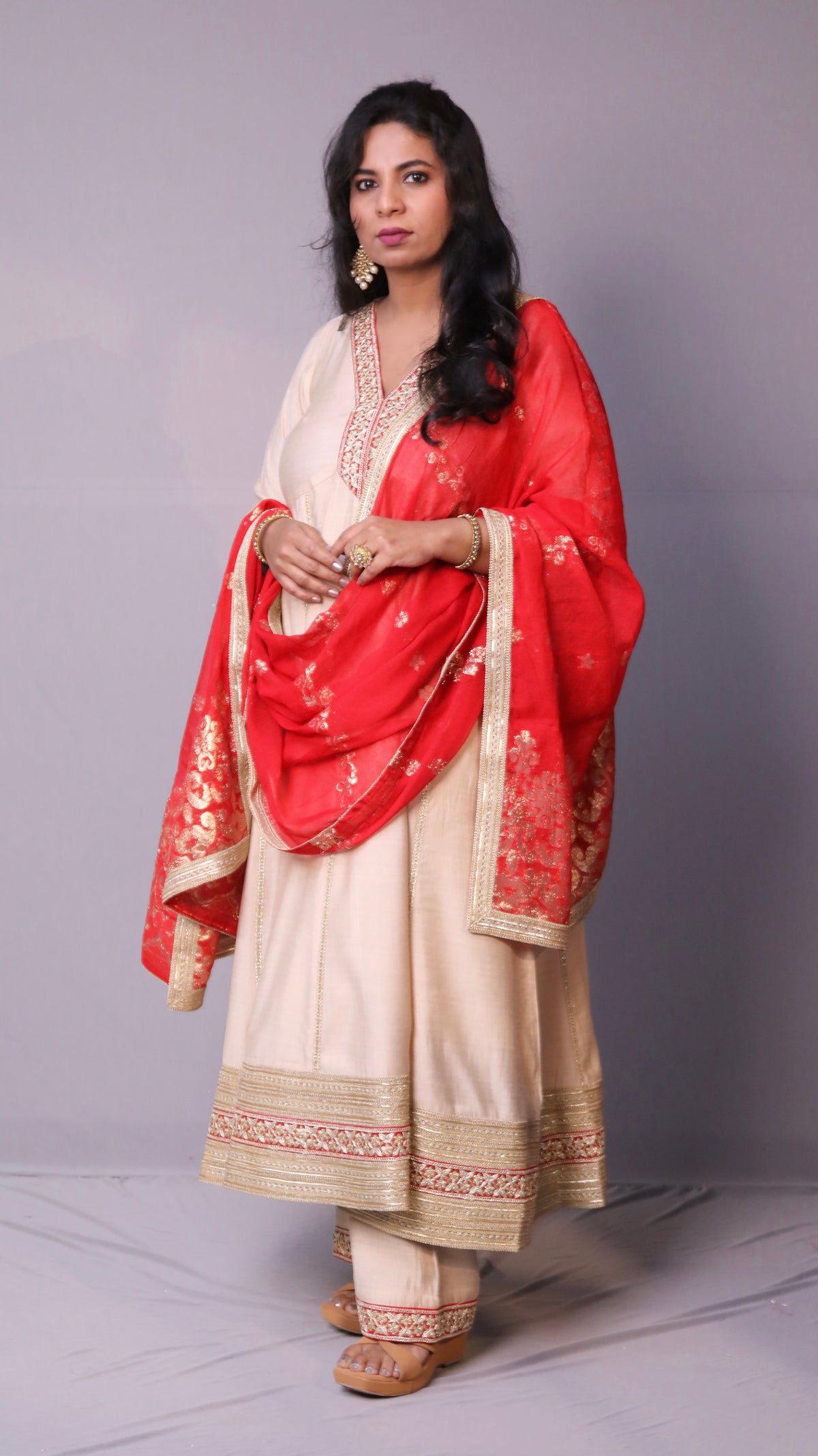 Dua - Anarkali set with zari dupatta - Cream