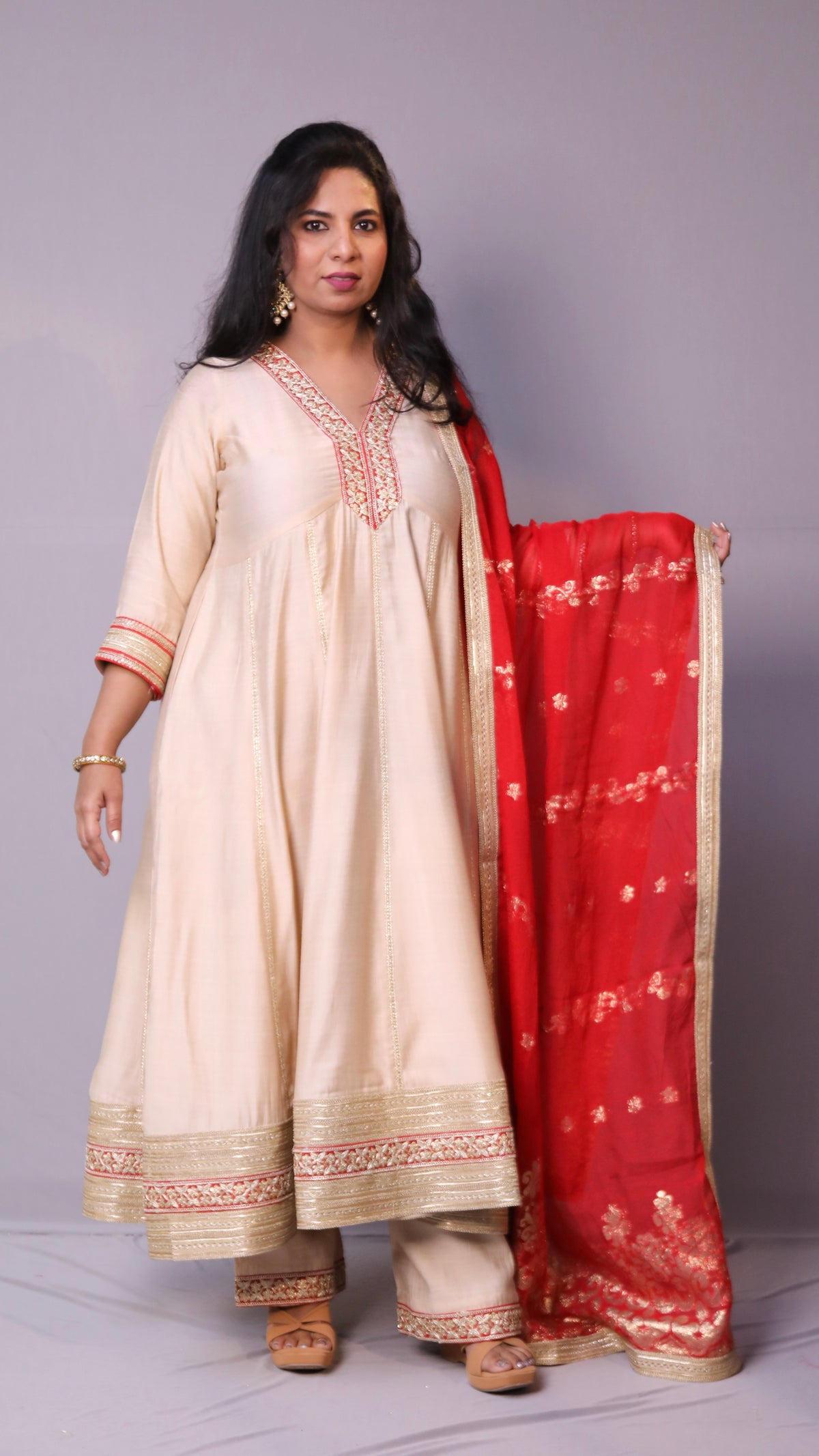 Dua - Anarkali set with zari dupatta - Cream