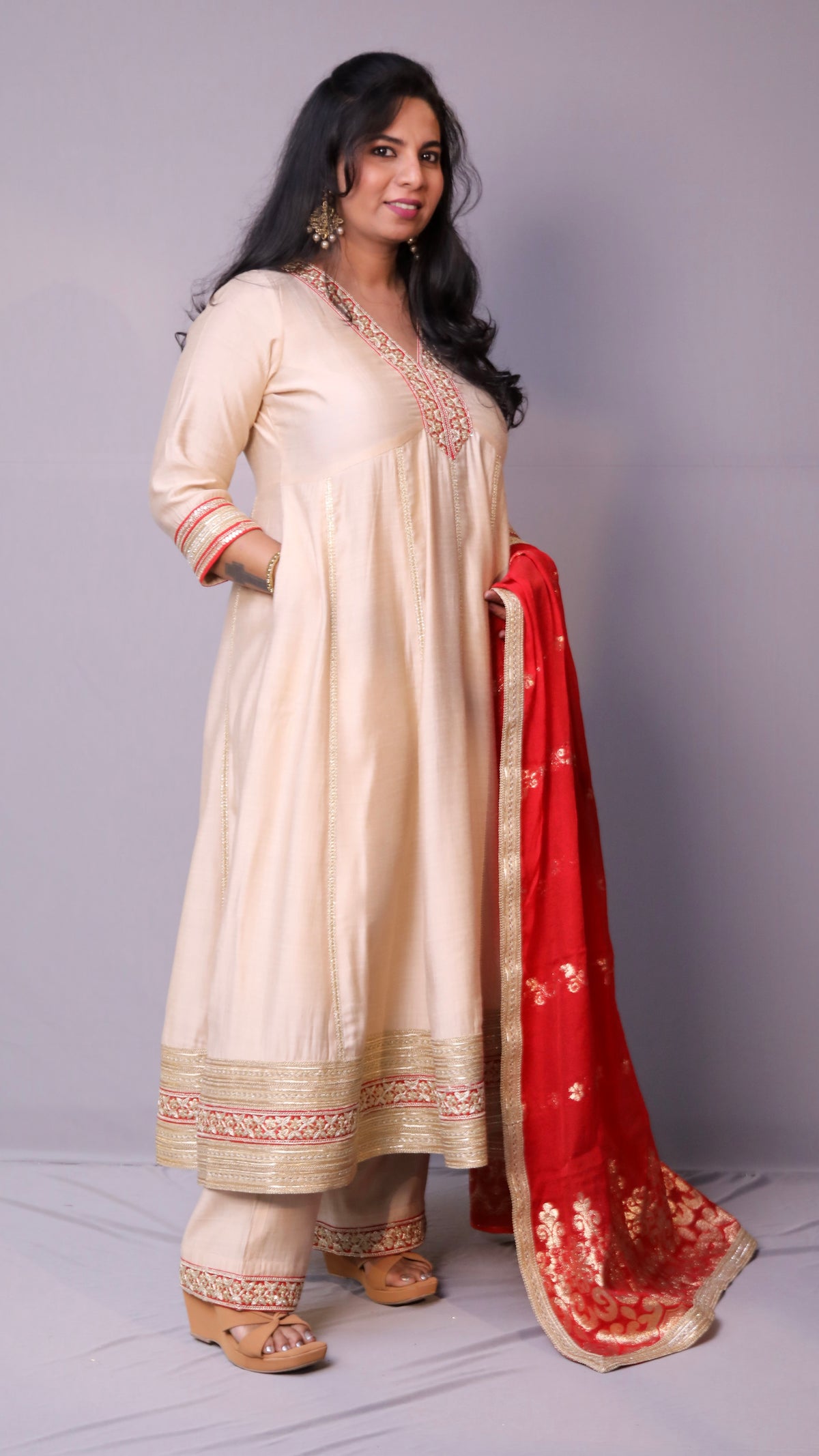 Dua - Anarkali set with zari dupatta - Cream