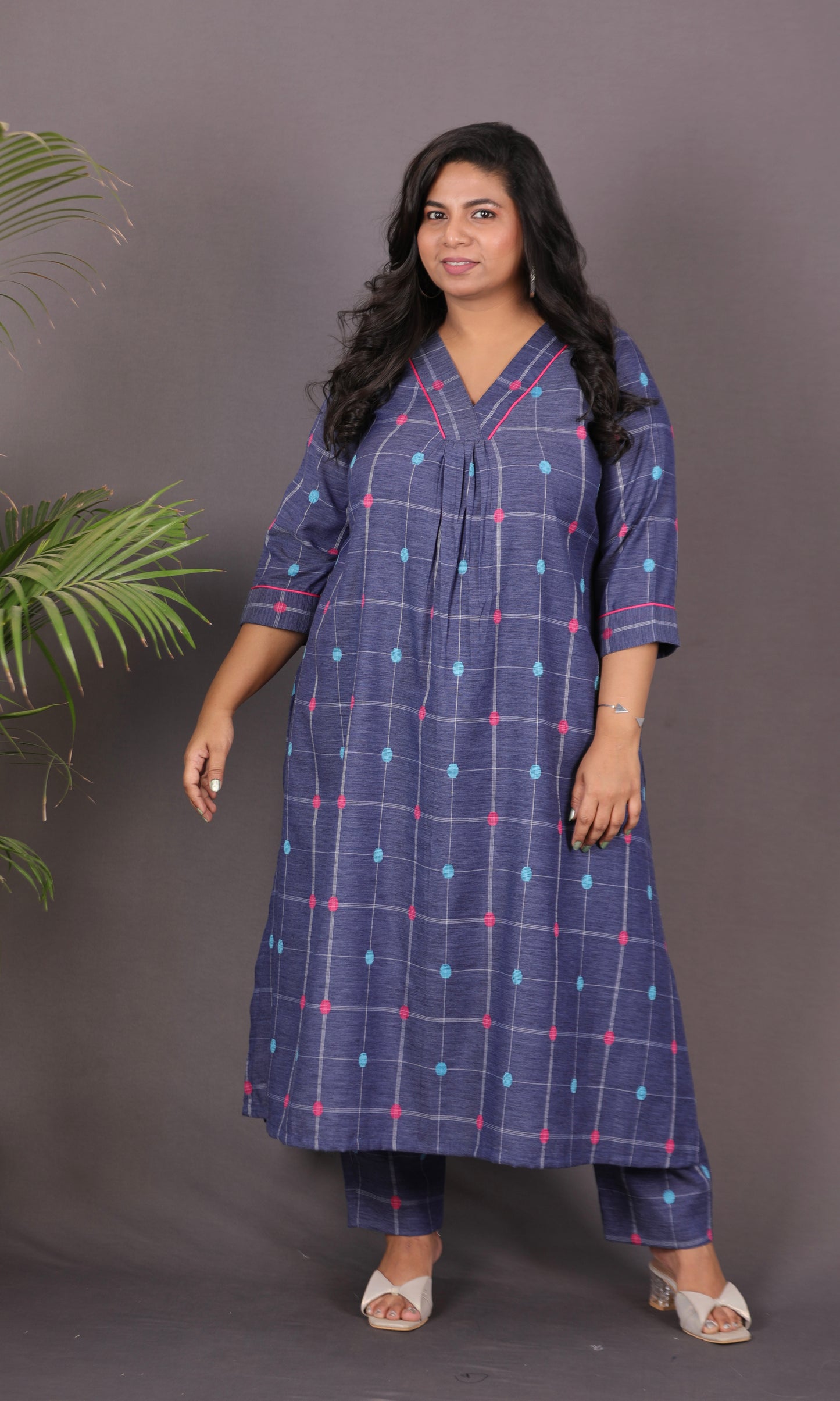SUHANI - Premium lightweight Cotton with Buti Dobby Embroidery - Blue Checks
